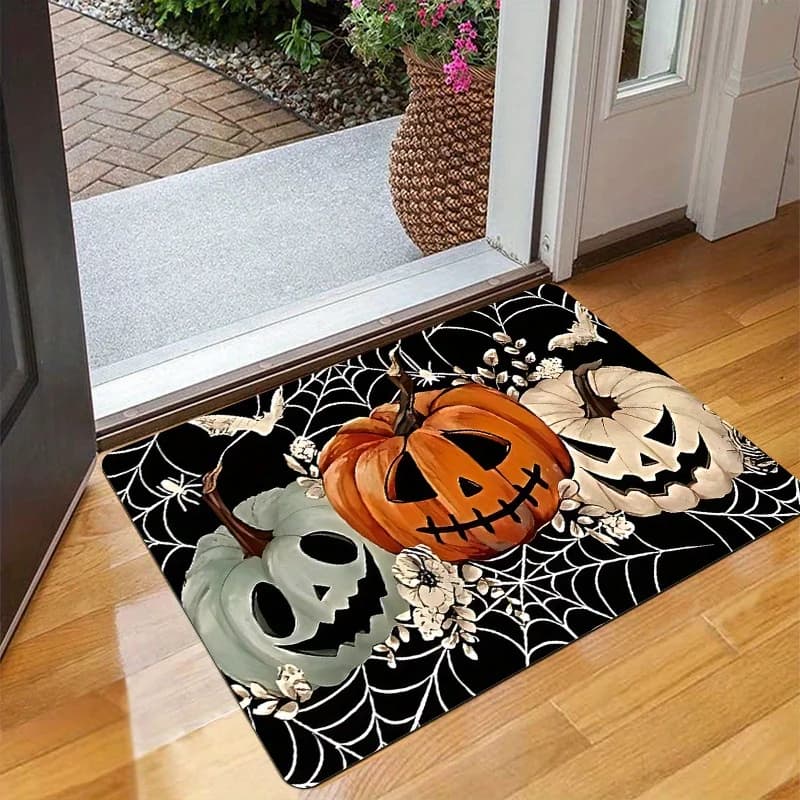 Halloween Pumpkin Spiderweb Doormat Black Floral Print Non Slip Entry Rug For Front Porch And Spooky Seasonal Decor