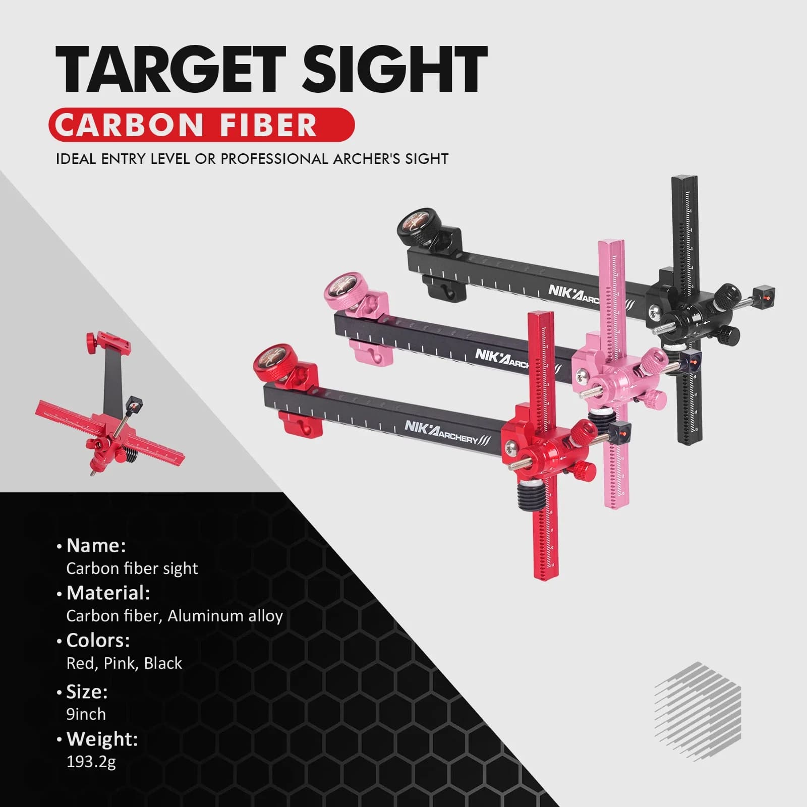 Archery Recurve Bow Sight (carbon style) 9inch T Shape Target Sight For Shooting Hunting Accessories Right Hand Black/Pink/Red
