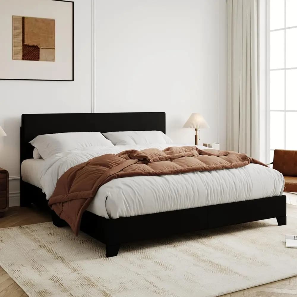 Allewie Queen bed structure with adjustable headboard, bed with eco-leather platform with wooden slats, durable mattress base, not