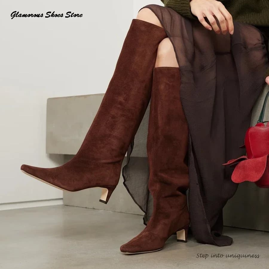 Stivali al ginocchio in pelle scamosciata primavera autunno Stivali lunghi concisi con punta quadrata e tacco medio quadrato Stivali moderni slip-on solidi alla moda