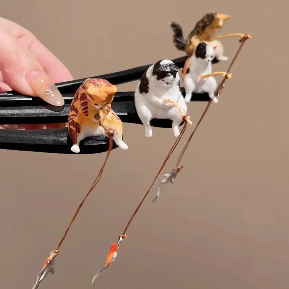 Simpatico gatto da pesca in legno bastoncino per capelli in legno di sandalo nero stile cinese Hanfu forcina per capelli bacchette Hanfu copricapo per le donne