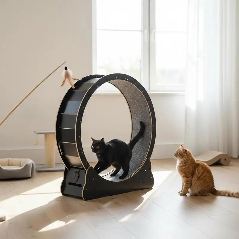Tapis Roulant per Animali Domestici in Legno Massello da 43,3 Pollici per Corsa, Camminata e Addestramento, con Tappeto di Corsa a Grande Diametro, Rivestimento in Tessuto Rimovibile, Bacchetta Interattiva, Struttura Nera, Attrezzatura Professionale per l'Esercizio dei Gatti, Base Regolabile, Attrezzatura Fitness per Attività all'Aperto, Ricambio