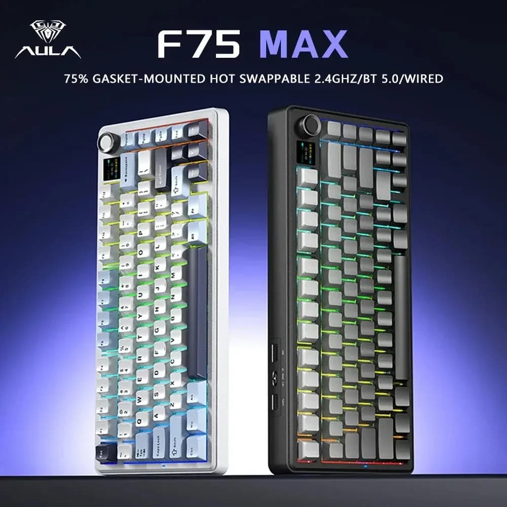 Tastiera meccanica da gaming AULA F75MAX con layout al 75%, dotata di schermo TFT, 2.4G/Bluetooth/wireless, RGB hot-swappable.