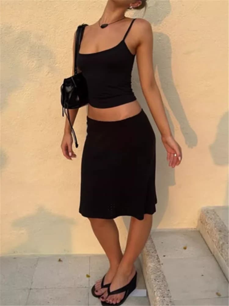 Street Casual Summer Spicy Girl 2 Pieces Dress Sets Solid Burgundy Black Short Camis Vest Top&High Waist Pencil Mini Skirt Suits