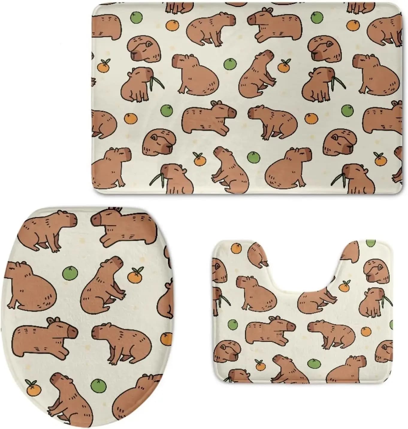 Set di tappetini da bagno per cartoni animati Capybara da 3 pezzi, decorazioni per feste per gli amanti dei ratti d'acqua carini, tappeto copriwater lavabile morbido e assorbente antiscivolo