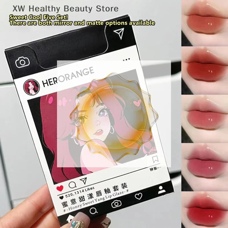 HERORANGE 5 pezzi set lucidalabbra tinta rossa trucco duraturo opaco e specchio sigaretta smalto labbra kit rossetto impermeabile cosmetico