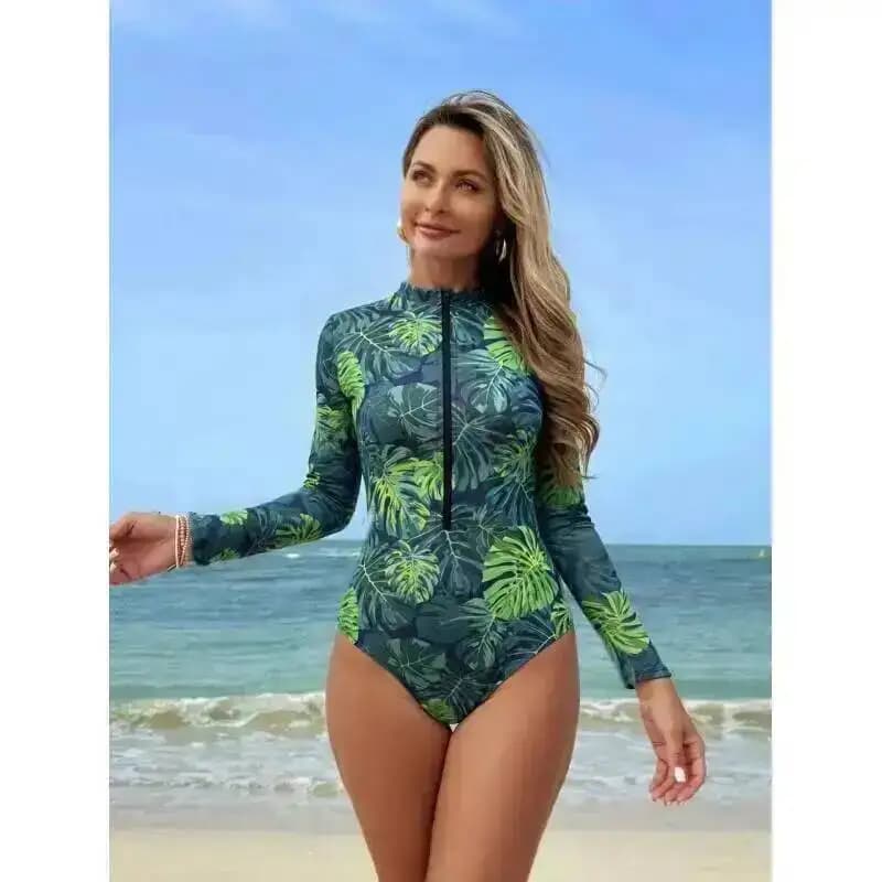 Costume da bagno elegante con stampa tropicale per donna, con cerniera, sportivo, protezione solare, ad asciugatura rapida