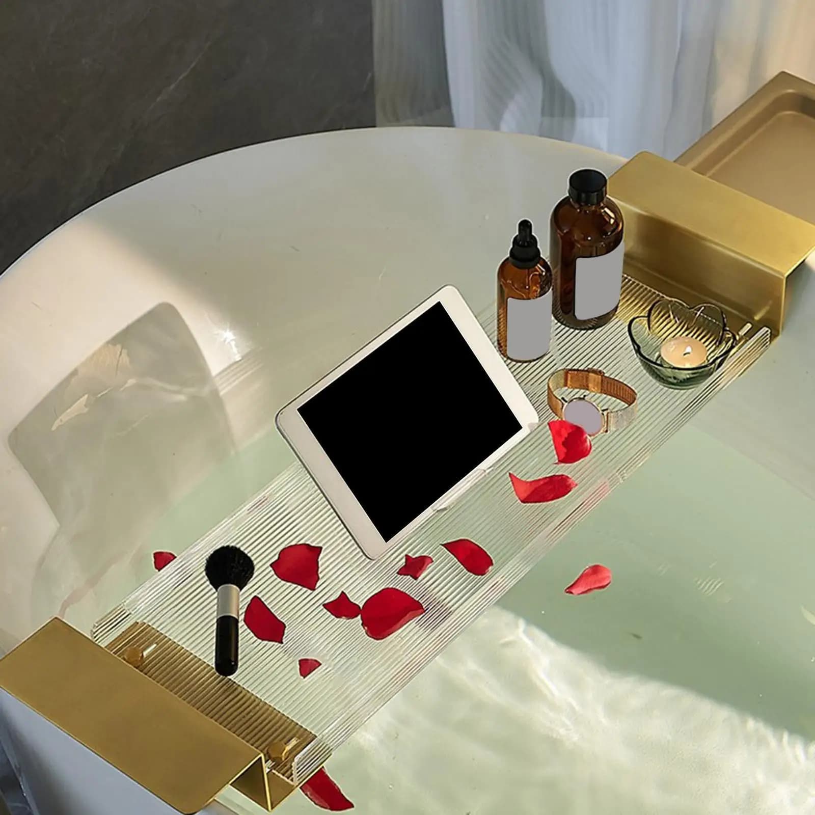 Vassoio per Vasca da Bagno in Acrilico, Mensola da Bagno Regalo per Donne, Elegante Portaoggetti Retrattile per Vasca, Vassoio per Telefono, Candele e Asciugamani