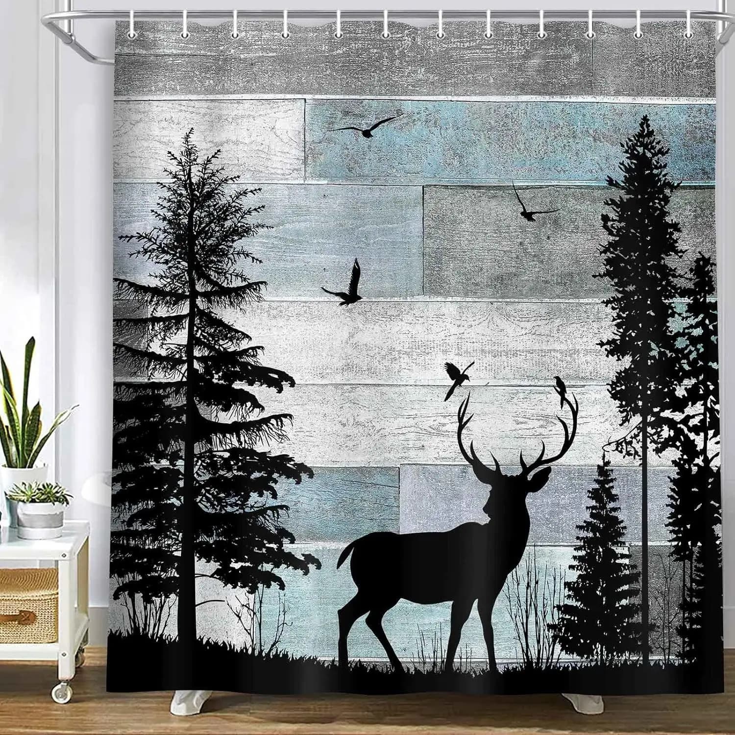 Tenda da Doccia Rustica con Motivo Cervo della Foresta, Decorazione per Bagno in Stile Fattoria, Tessuto in Poliestere 71x71 Pollici con Ganci