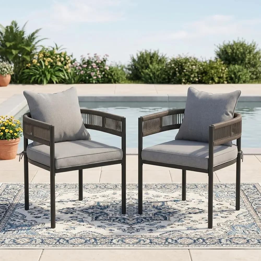2-Piece Wicker Outdoor Dining Chair Set with Grey Cushions, Weather-Resistant for Patio, Deck, Garden