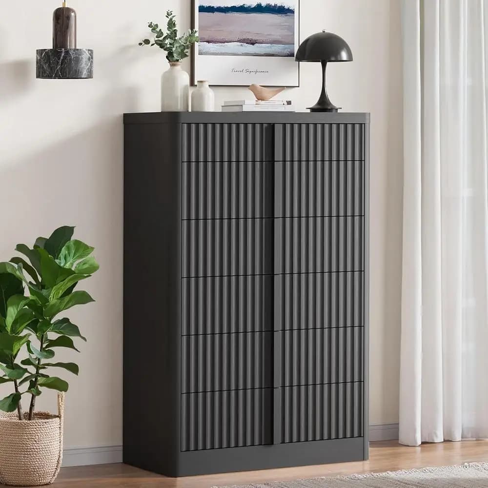48 Tall 6 Drawer Chest with Solid Wood Handles, Curved Profile Design, Storage Organizer for Living Room and Hallway in Black