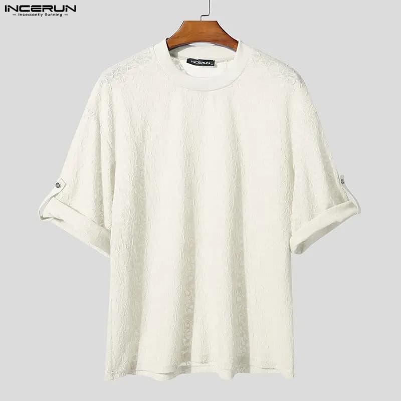 INCERUN Maglietta da uomo Jacquard Vedere attraverso O-Collo Manica 3/4 Maglietta maschile Magliette e camicette Streetwear Allentato Moda sexy Casual Abbigliamento uomo S-5XL