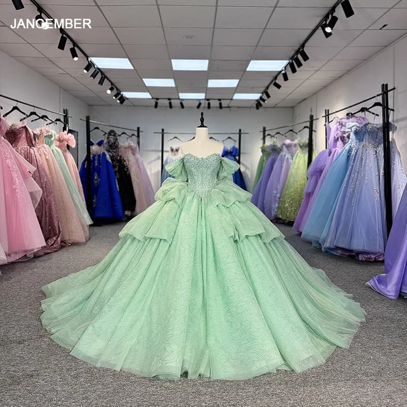 Abiti da ballo Quinceanrra con scollo rotondo verde Bellissimo abito da principessa personalizzato con perline lungo glitter dolce 16 Abiti DY1263