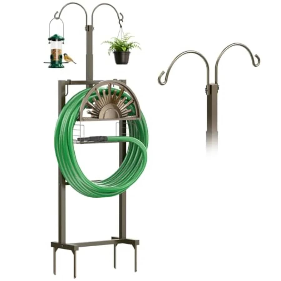Avvolgitubo da Giardino Rinforzato con 2 Ganci a Cappio, Contiene Tubi da 150 Piedi (5/8 Pollici), Supporto Autoportante da 77 Pollici con Vano Portaoggetti