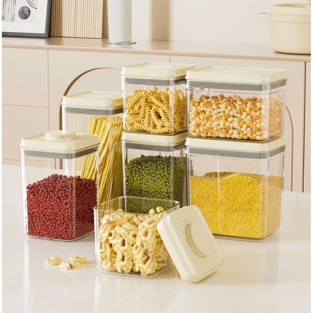 1pc White Square Airtight Food Storage Container With One Touch Seal For Kitchen Organization Plastic Jar Canister