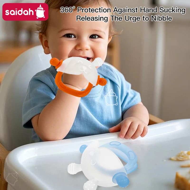 360 ° Massaggiagengive con protezione per succhiare le mani: simpatico design a forma di coniglietto con impugnatura completa, superfici mordenti cave e solide, giocattolo per bambini