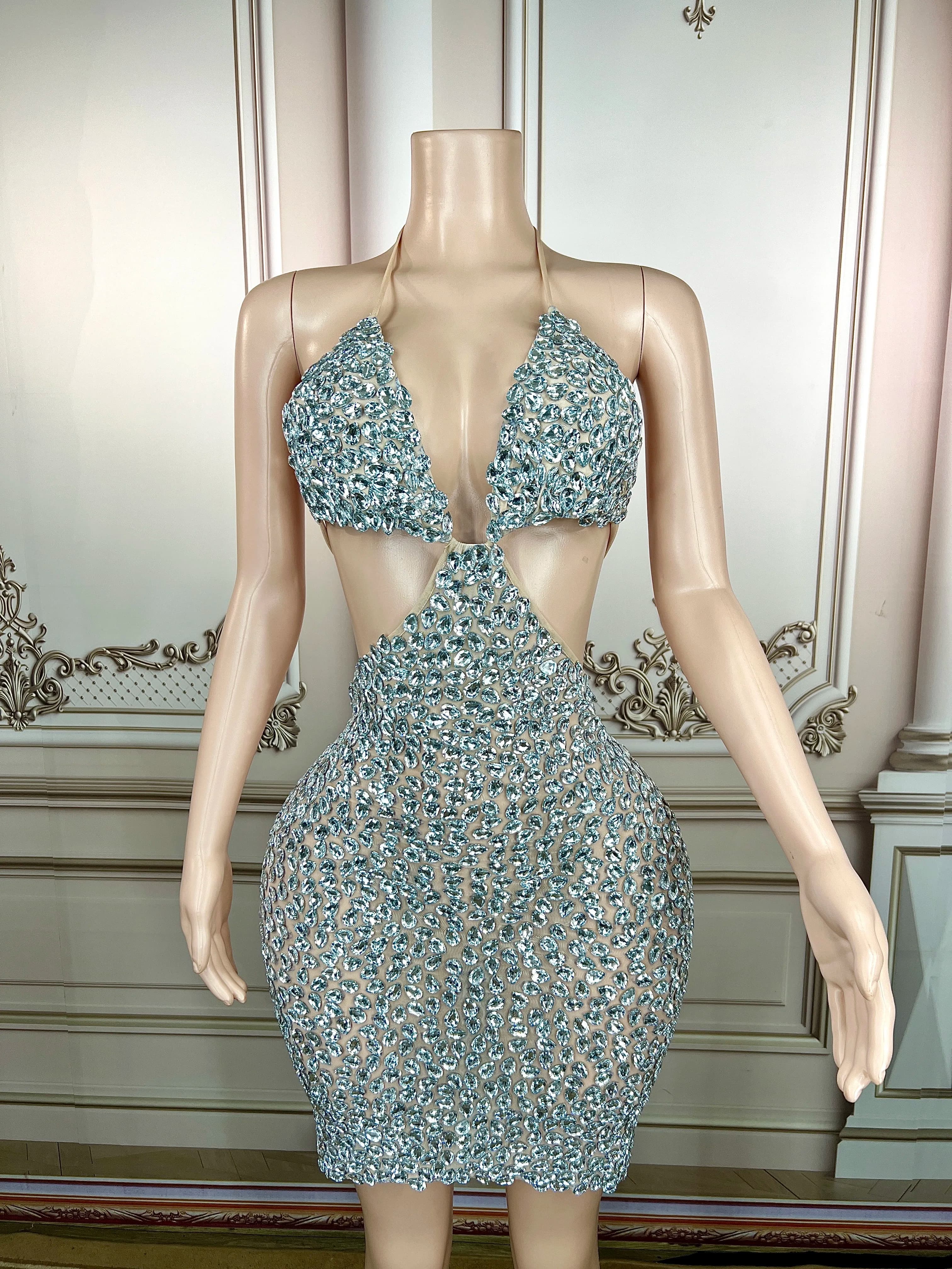 Pieno argento grandi strass reggiseno luminoso MINI abito compleanno festeggia Sexy Performance Outfit femminile cantante abbigliamento da palcoscenico Plus Size