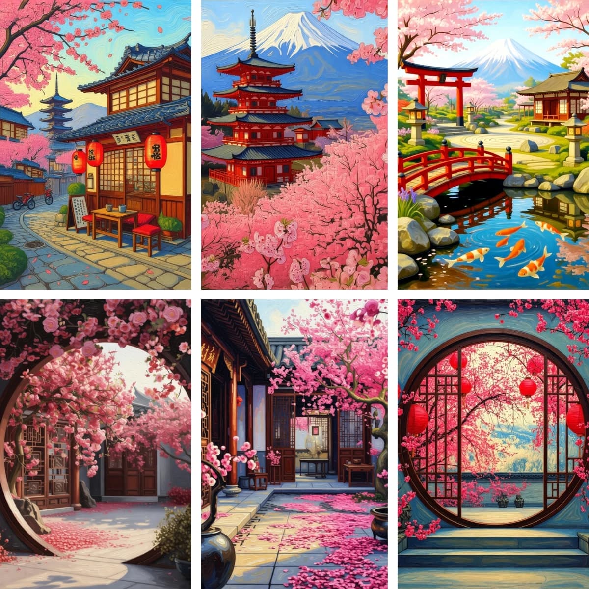 DIY Full Drill Diamond Rhinestone Painting Cherry Blossom Garden Moon Gate Landscape Cross Stitch Embroidery Oriental Decor