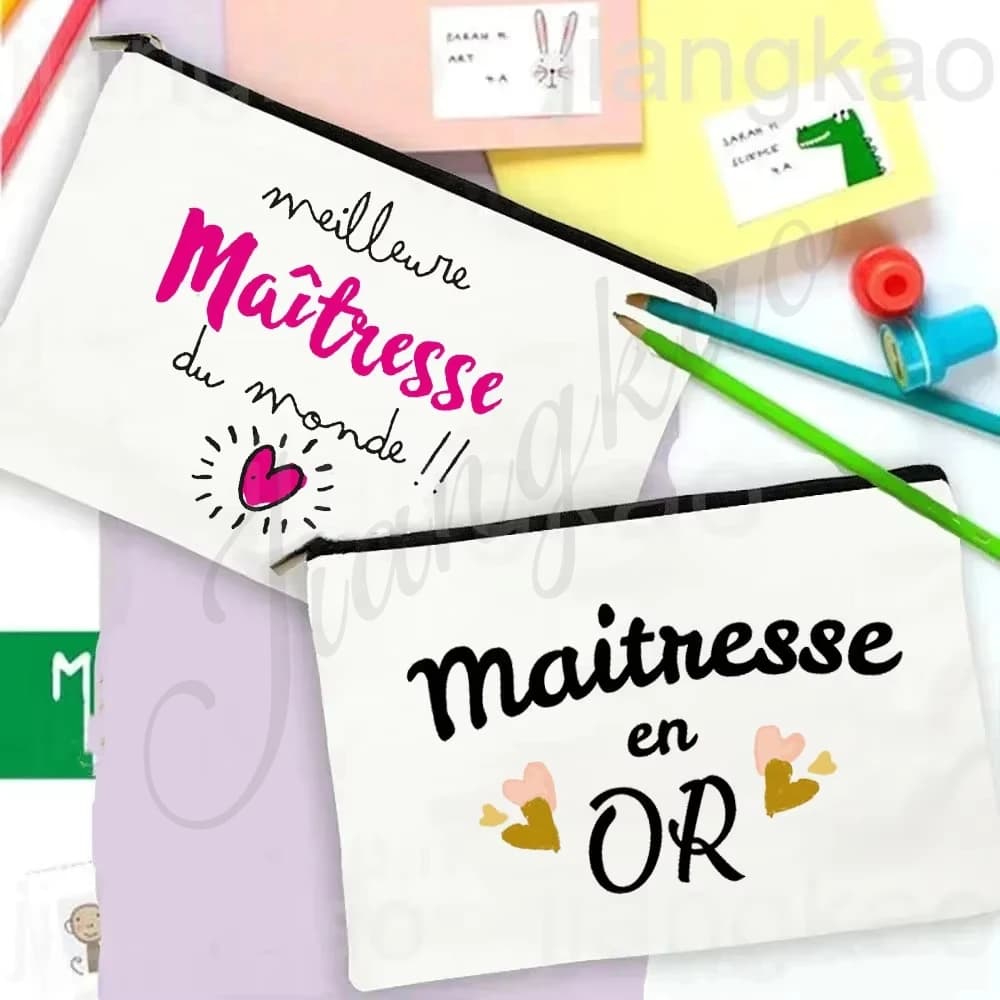 Borsa da viaggio stampata con la scritta 'Miglior Insegnante' in francese, beauty case da viaggio, organizer per articoli da toeletta, astuccio per la scuola, regalo per la laureata/d'insegnante