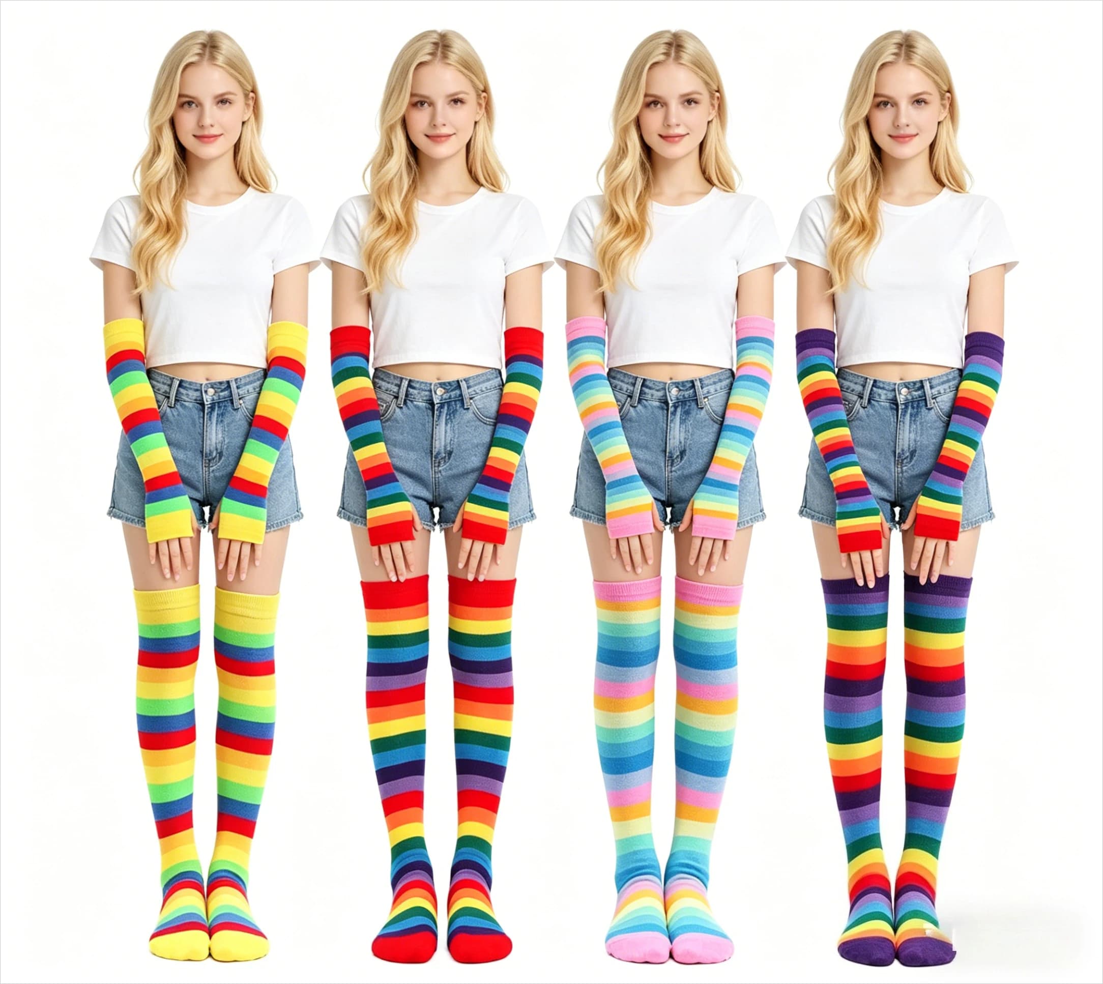Calze arcobaleno, calze alte, calze al ginocchio in cotone, guanti a righe colorate da donna, set di accessori per feste transfrontalieri