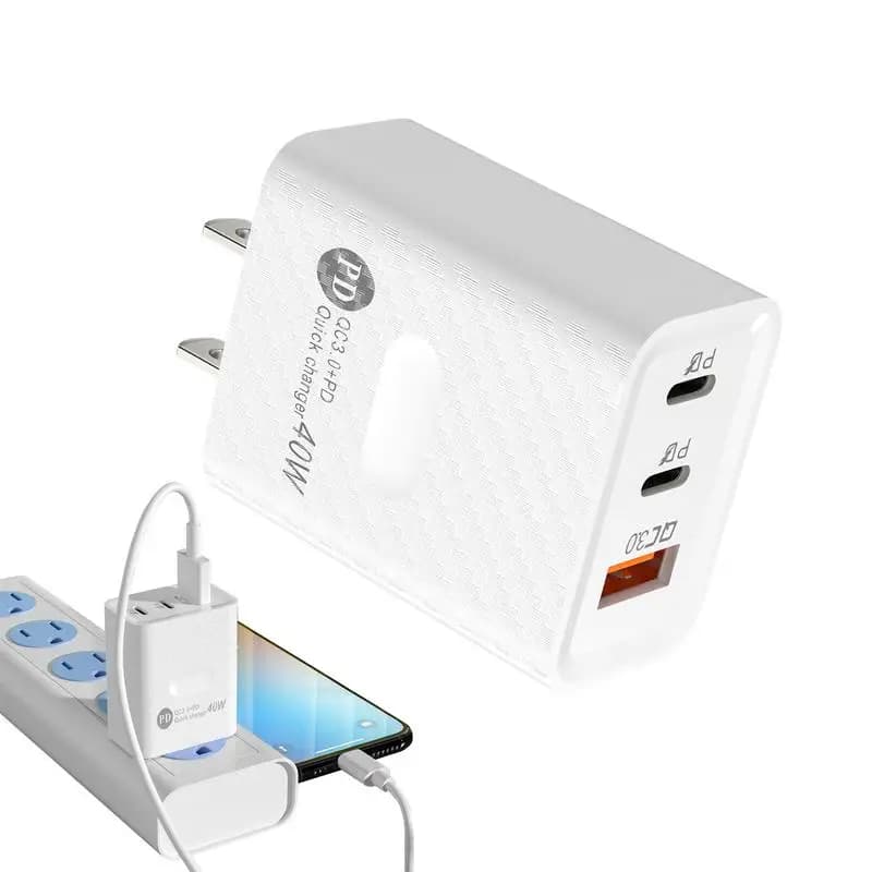 Phone Charger Block Travel Charger Charging Block Type C Adapter 40W Travel Plug Adapter Fast Charging 3-Port Wall Charger for