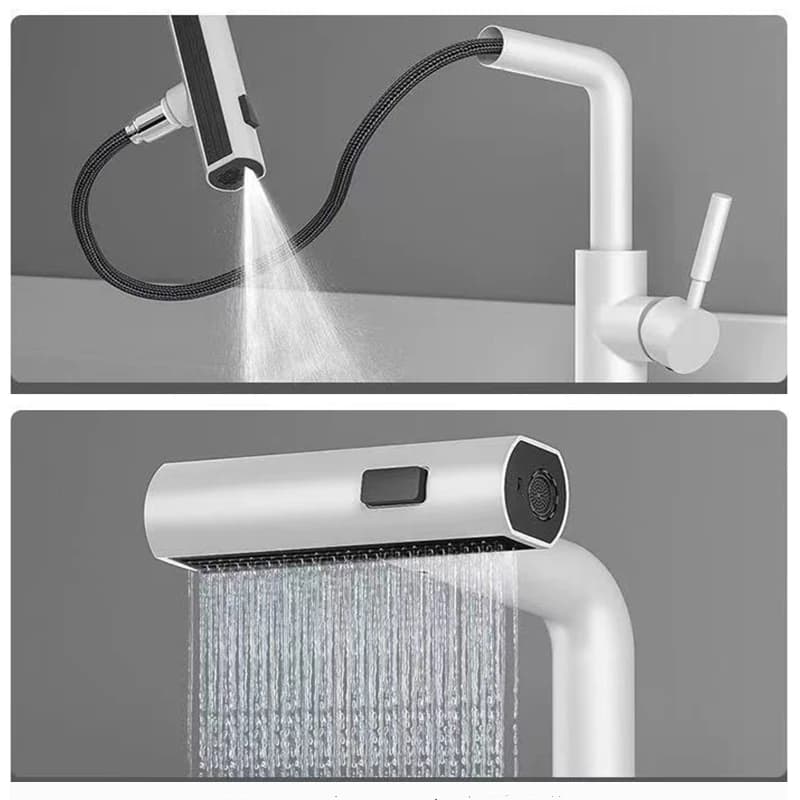 Pull Out Waterfall Stream 3 Way Sprayer Hot Cold Water Sink Mixer Wash Tap Bathroom Sink Faucet White Washbasin Faucet