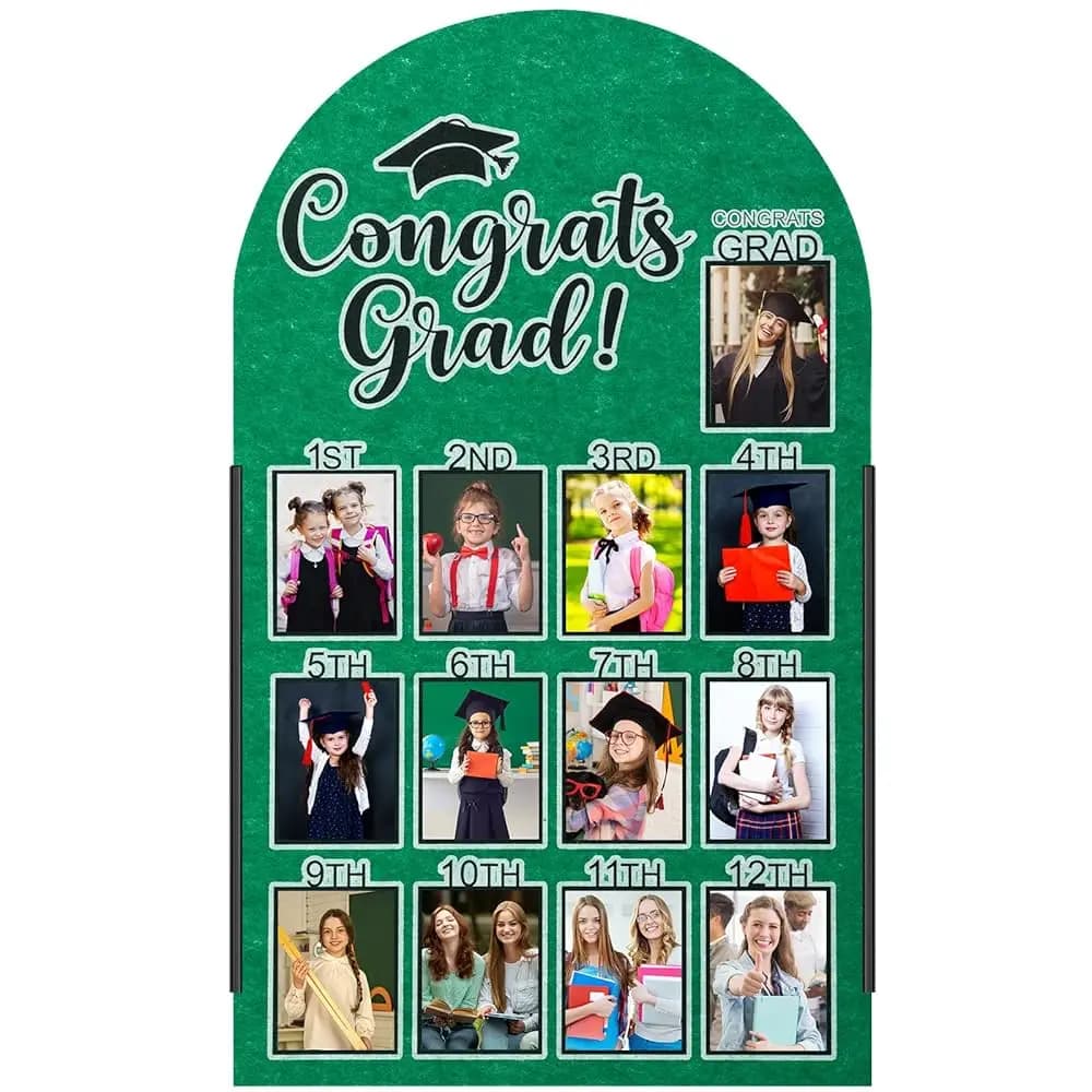 Cornice per foto di laurea da 27 x 16 pollici, decorazione da parete, collage, display, pannello in feltro verde per foto da 4 x 3 pollici, fai da te