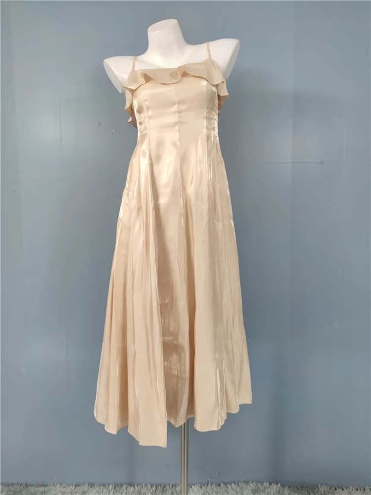 Abito Elegante Color Champagne con Spalline e Pizzo Luminoso, Versatile, Vita Alta, Gonna Midi a Trapezio in Poliestere