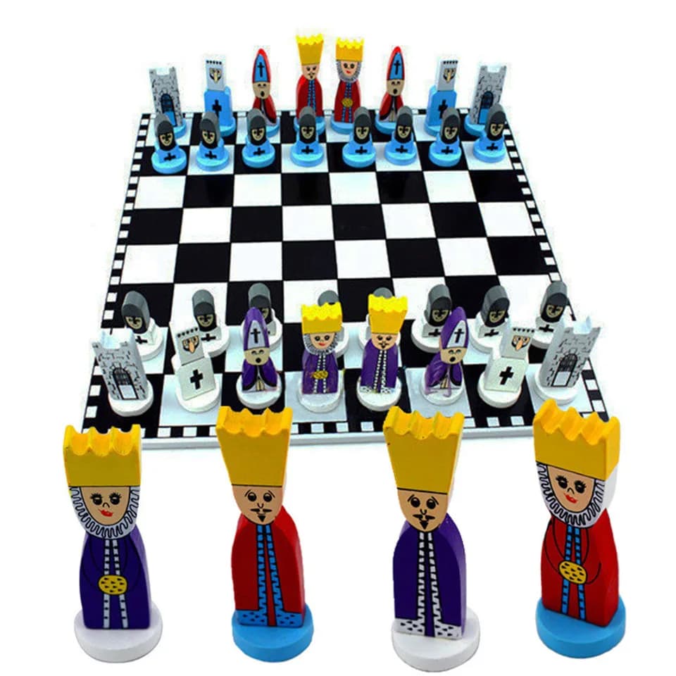 Set di scacchi con figure in legno, gioco di scacchi di scacchi di cartoni animati, scacchiera pieghevole, gioco da tavolo per famiglie con pezzi di scacchi in legno