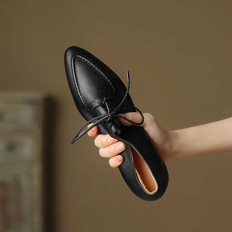 2026 new spring autumn women pumps natural leather plus size 22-26cm cowhide+pigskin pointed toe lace-up loafers women shoes