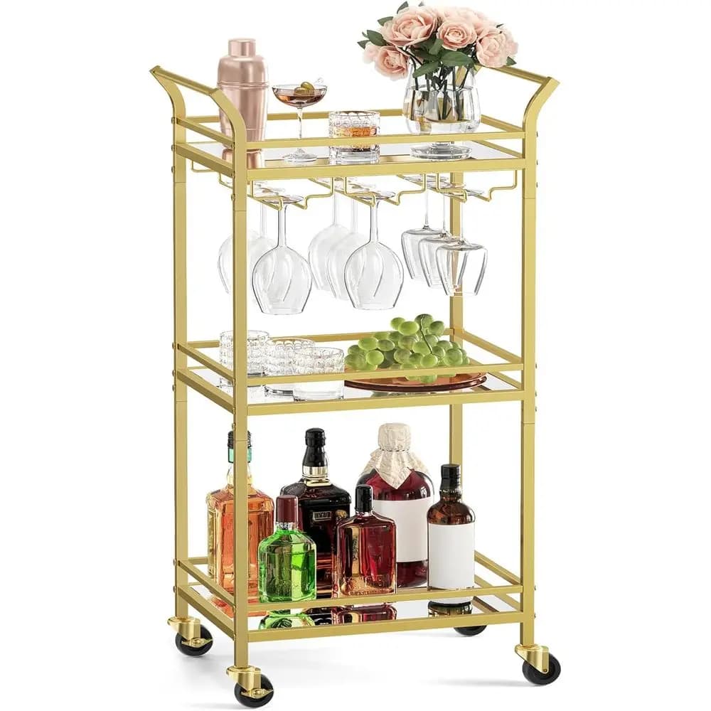 Carrello Bar, Carrello Bar da Casa, Piccolo Carrello Bar con 3 Ripiani, Portabottiglie, Portabicchieri, Mini Carrello Bar o Piccolo Servizio Bar