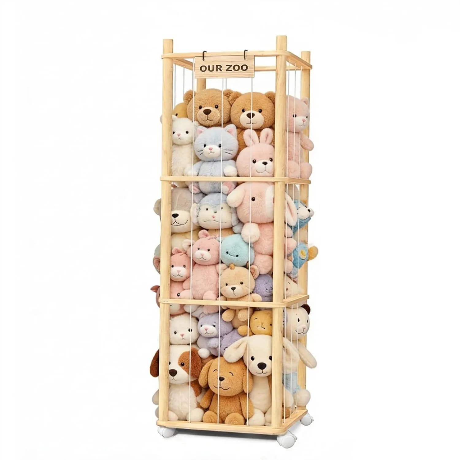 Contenitore per peluche con ruote, grande organizer in legno per giocattoli, per cameretta, sala giochi, camera da letto, 54,3 pollici