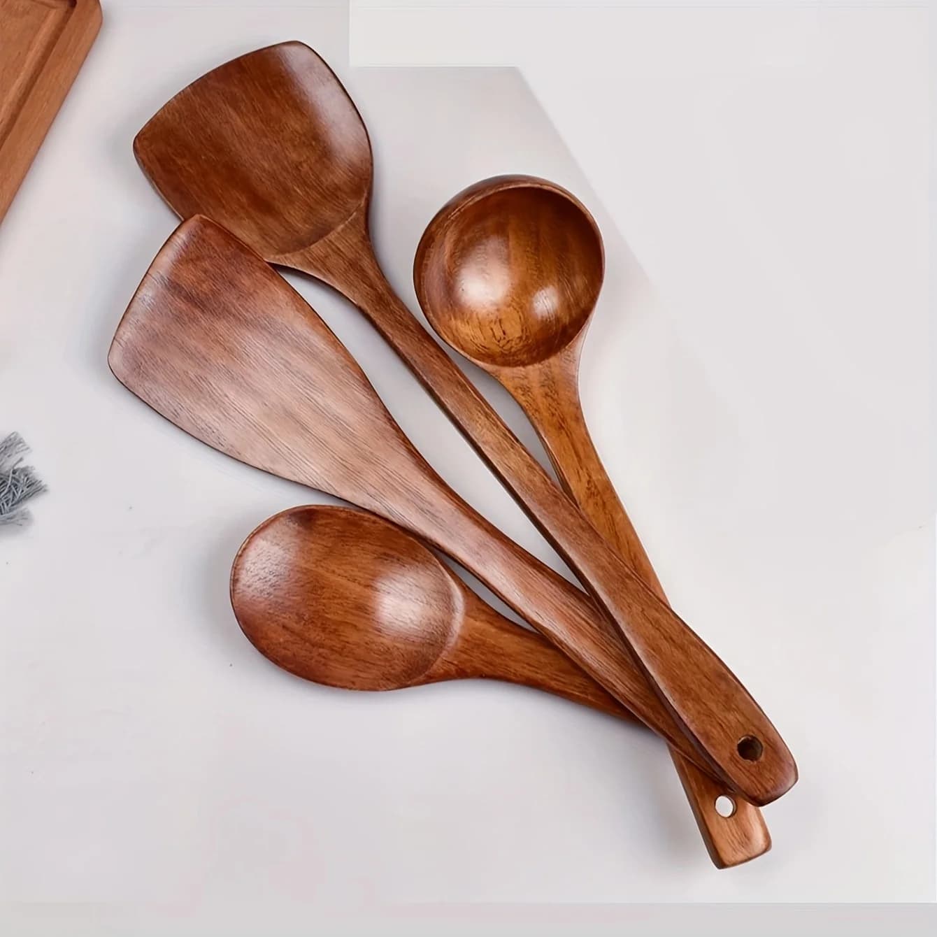 Pala in legno, padella antiaderente, pala da cucina speciale a manico lungo per uso domestico resistente alle alte temperature, pala in legno, cucchiaio per zuppa di riso, spatola in legno massello set 4 pezzi