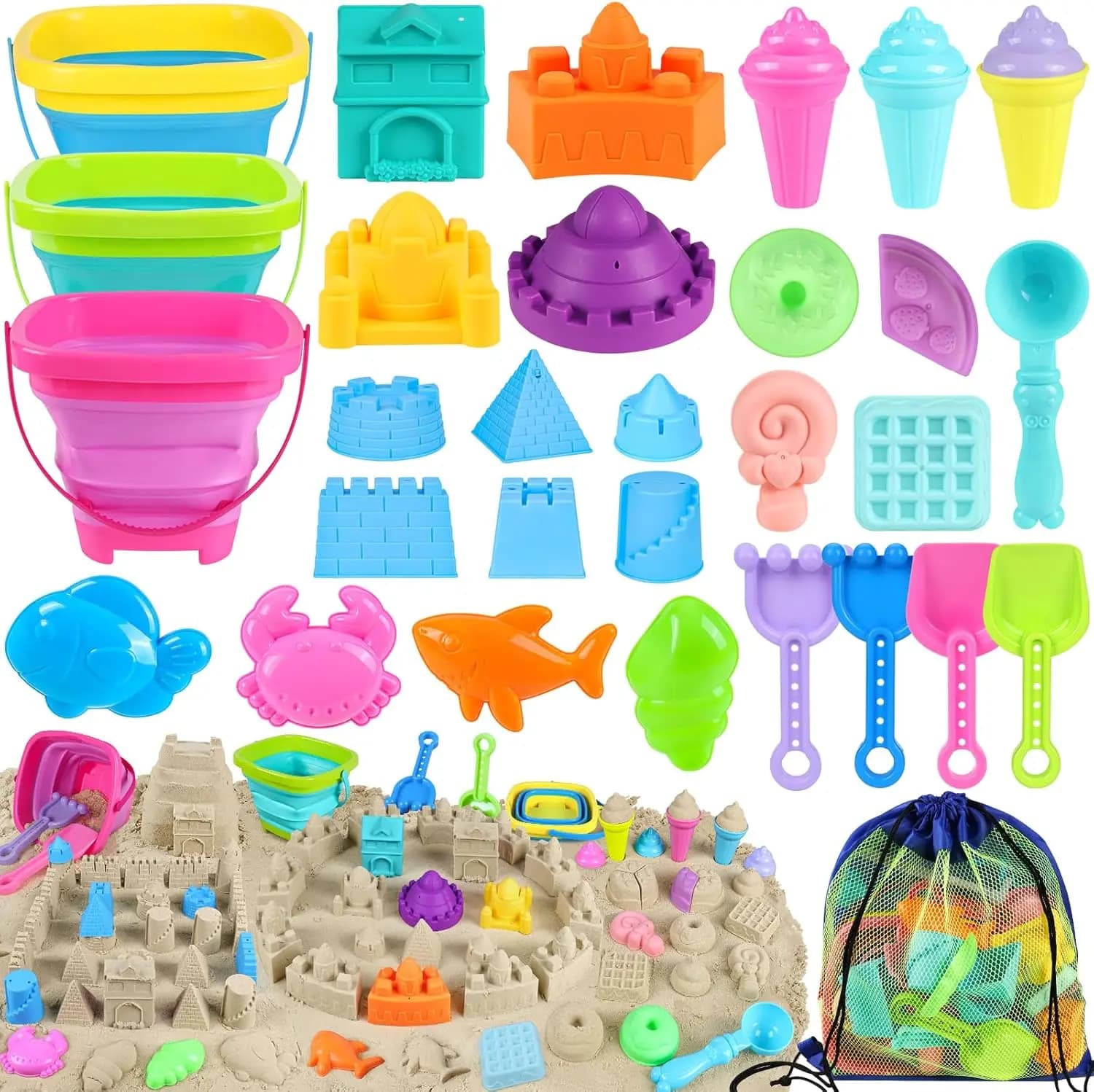 Set di 33 Giocattoli da Spiaggia Pieghevoli: Secchielli, Palette, Stampi per Castelli di Sabbia, Utensili per Gelato, Borsa a Rete per Bambini dai 3 ai 10 Anni
