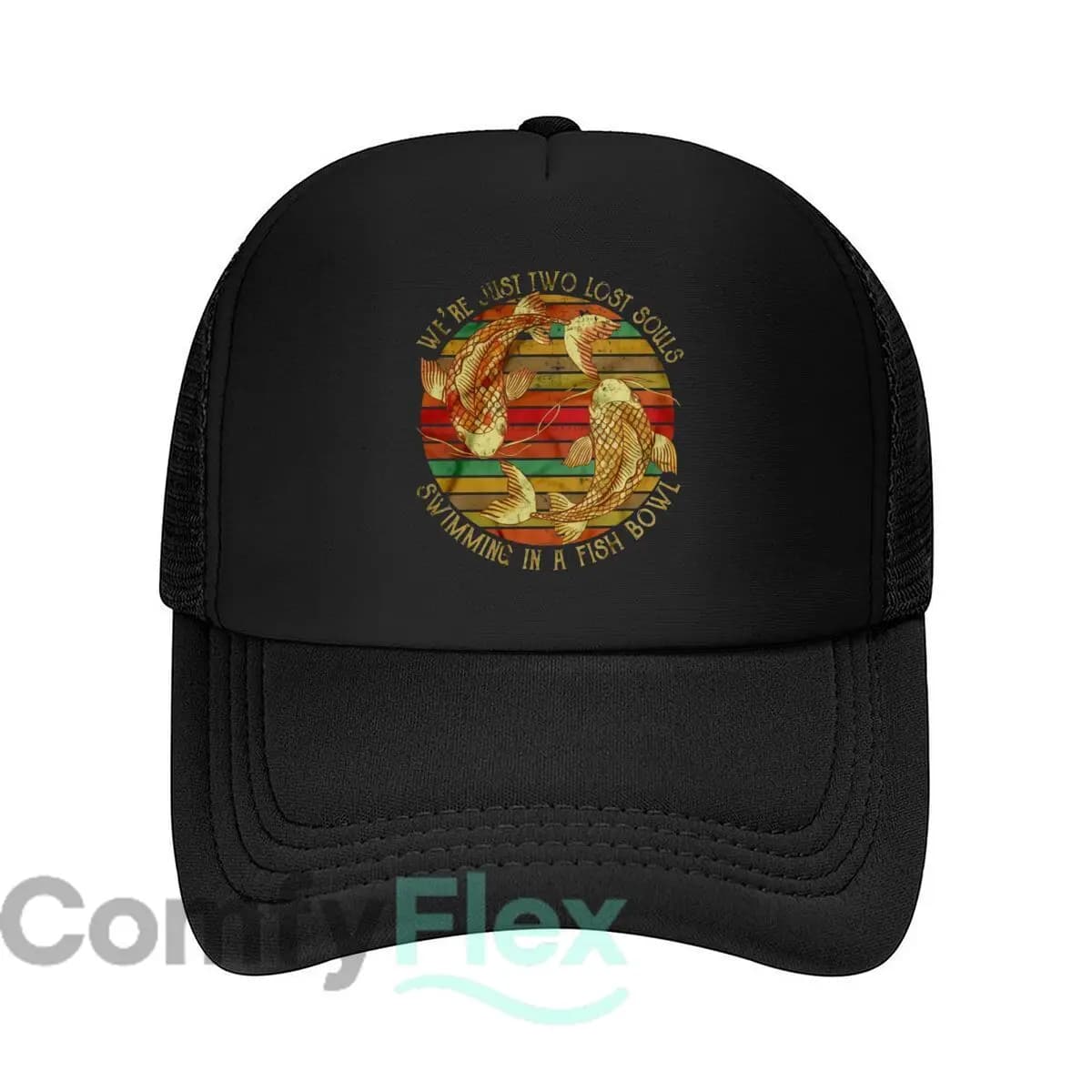 Vintage Koi Fish We are only two lost souls swimming in a fish bowl Baseball cap in net with text