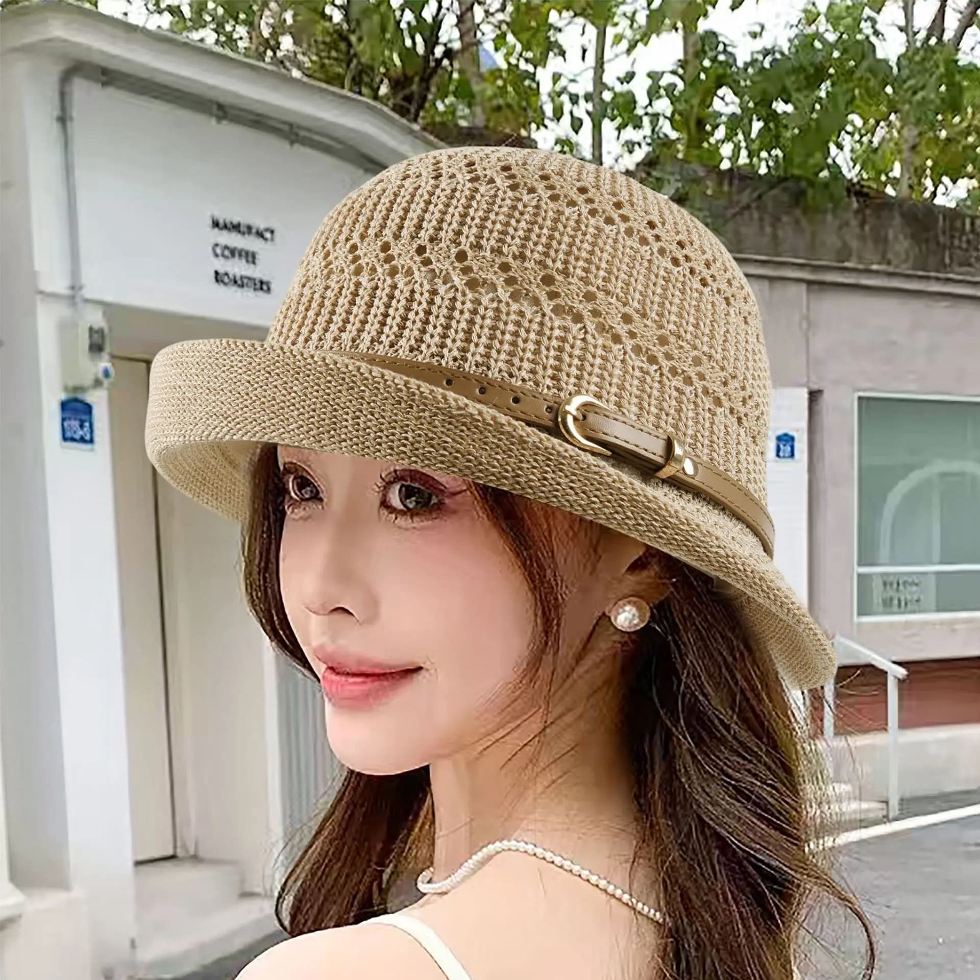 Summer Hollow Knit Sun Hat Women Elegant Woven Bucket Cap with Leather Belt Outdoor Breathable Travel Beach Hat