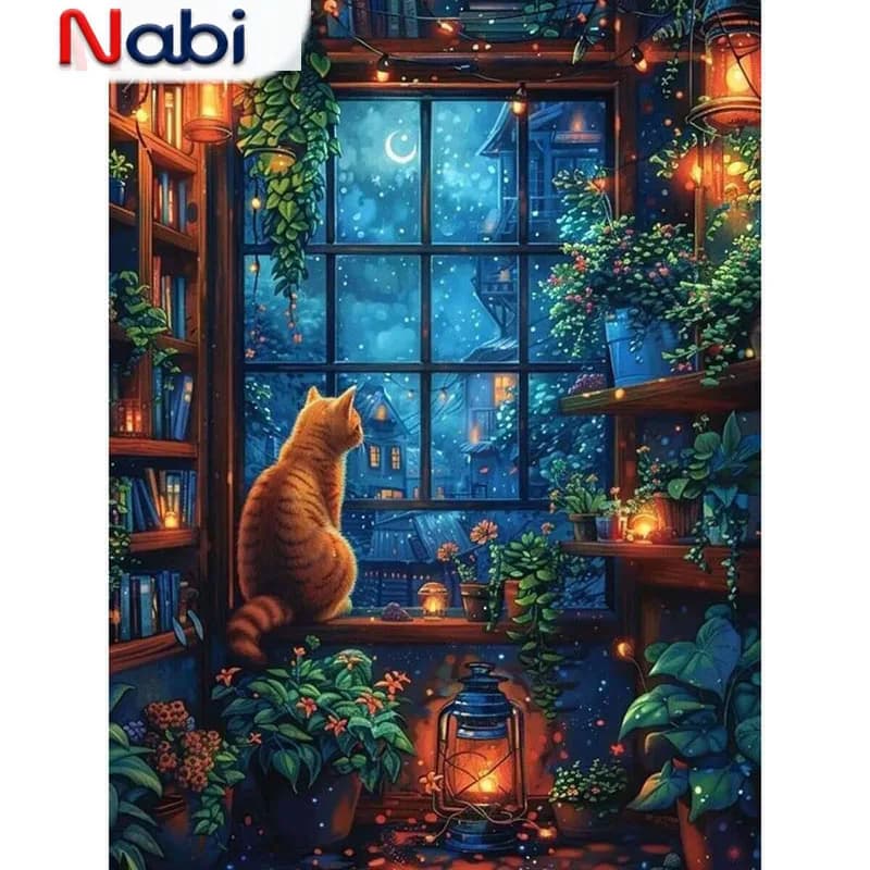 Nabi DIY Diamond Painting Cat Animal Full Square Round Window Diamond Mosaic Needlework Decoration For Home