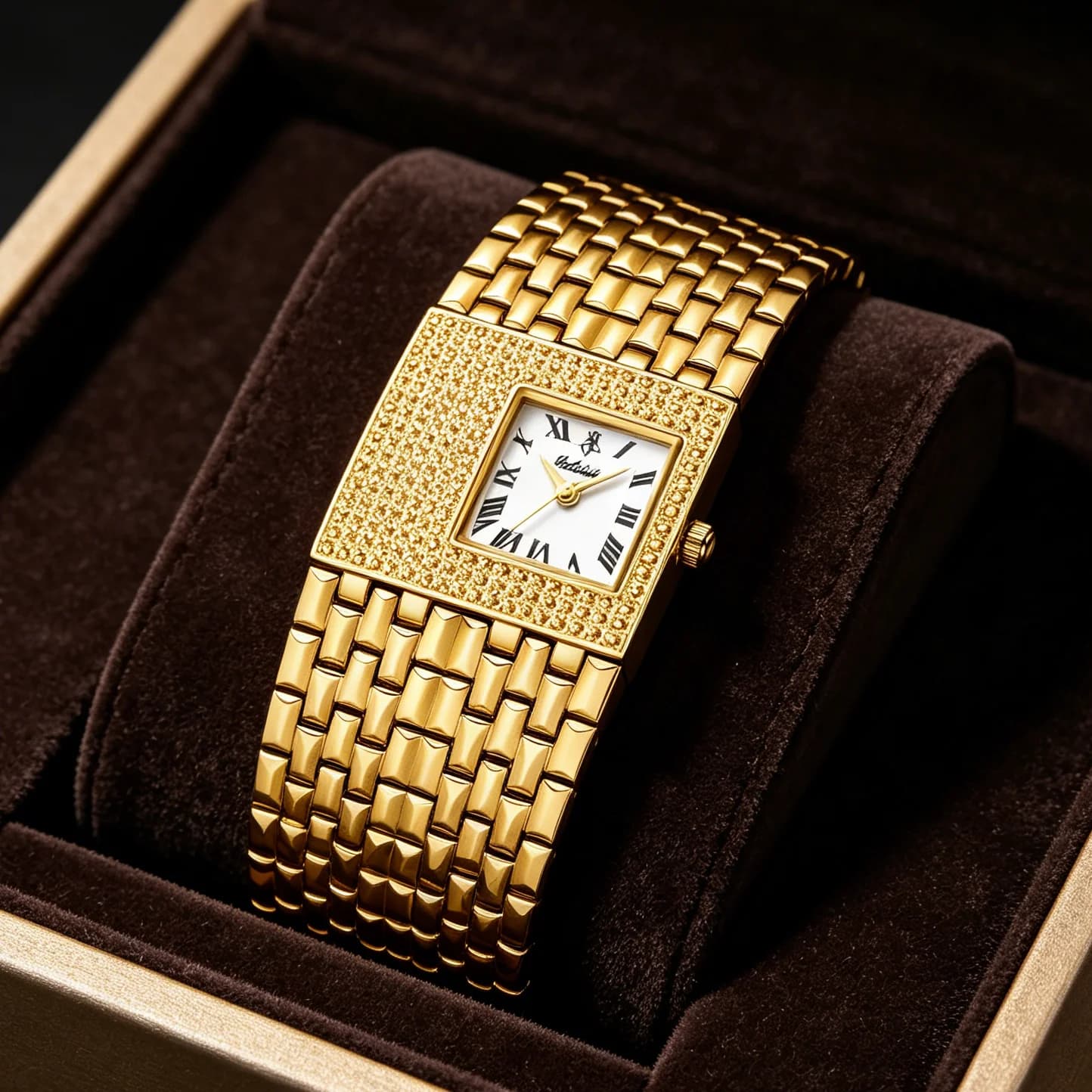 YaLaLuSi Tonneau Square Full Rhinestone Women Watch Black Dial Double Halo Crystal Bezel Multi-Row Gold Link Bracelet Ladies Quartz Dress Wristwatch