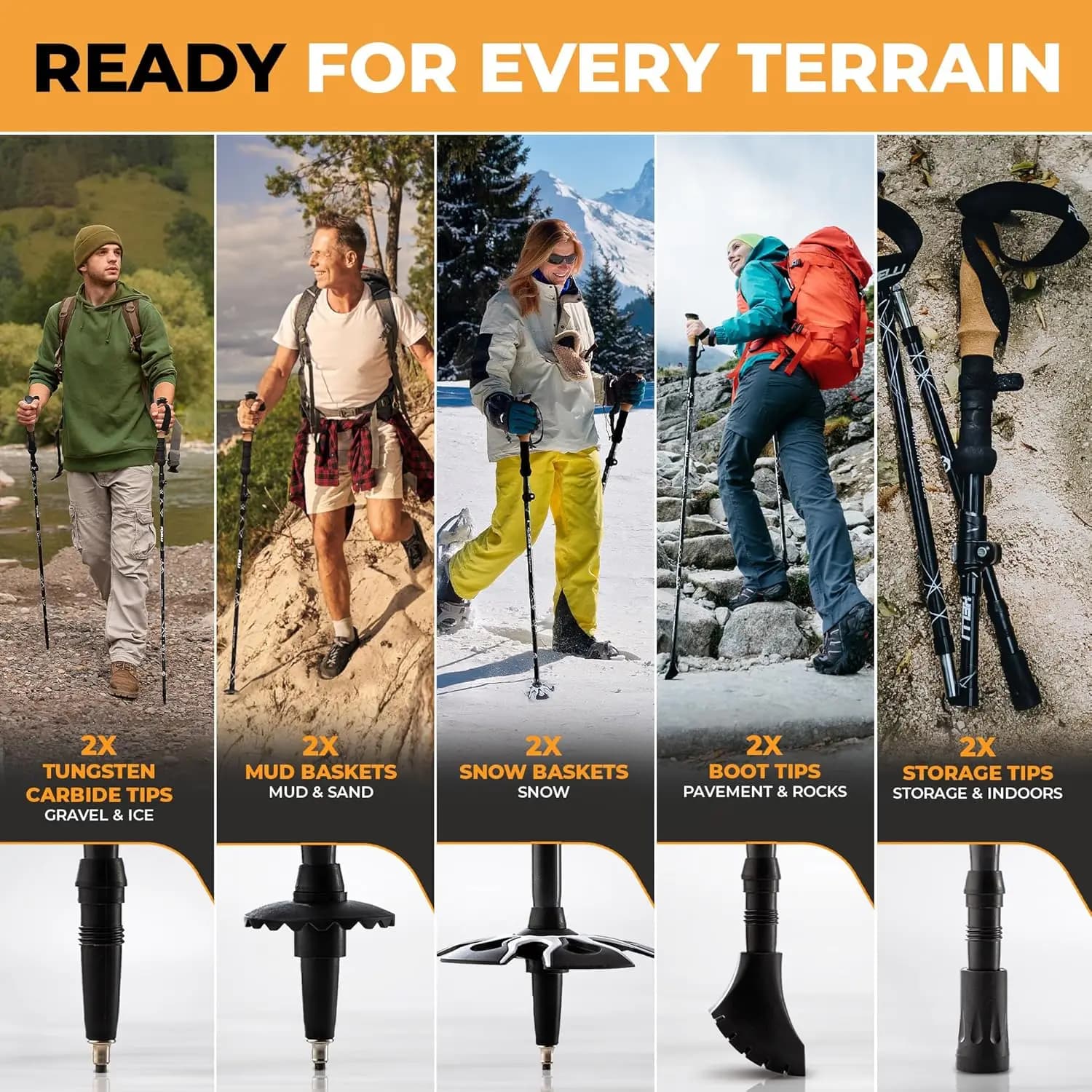 Bastoncini da trekking leggeri e regolabili con chiusura rapida, impugnatura in sughero e punte per tutti i terreni, ideali per escursioni e viaggi.