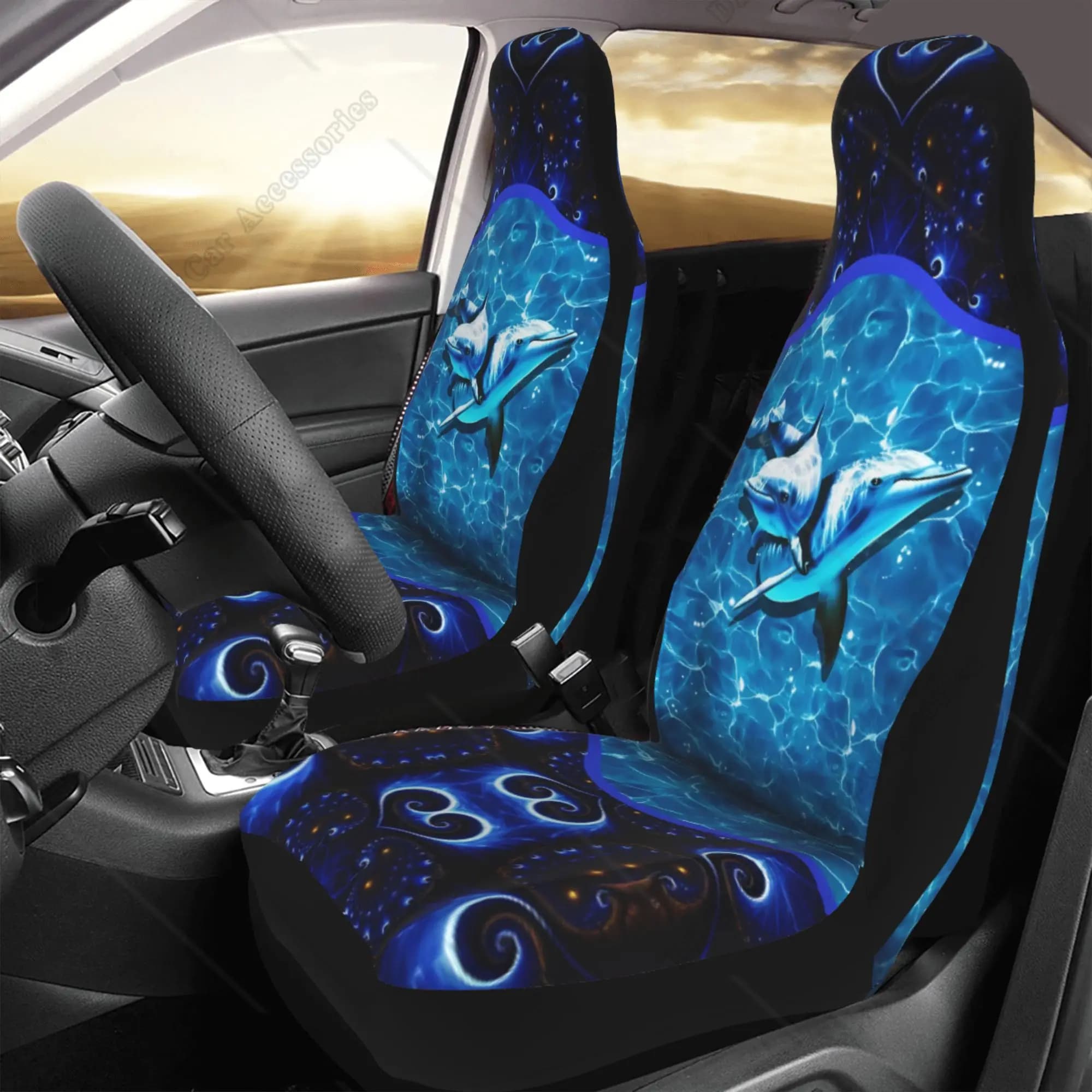 Boho Ocean Dolphin Car Seat Covers for Women 2 Pieces Buckle Seat Protector with High Back Accessories Auto Soft universal blue