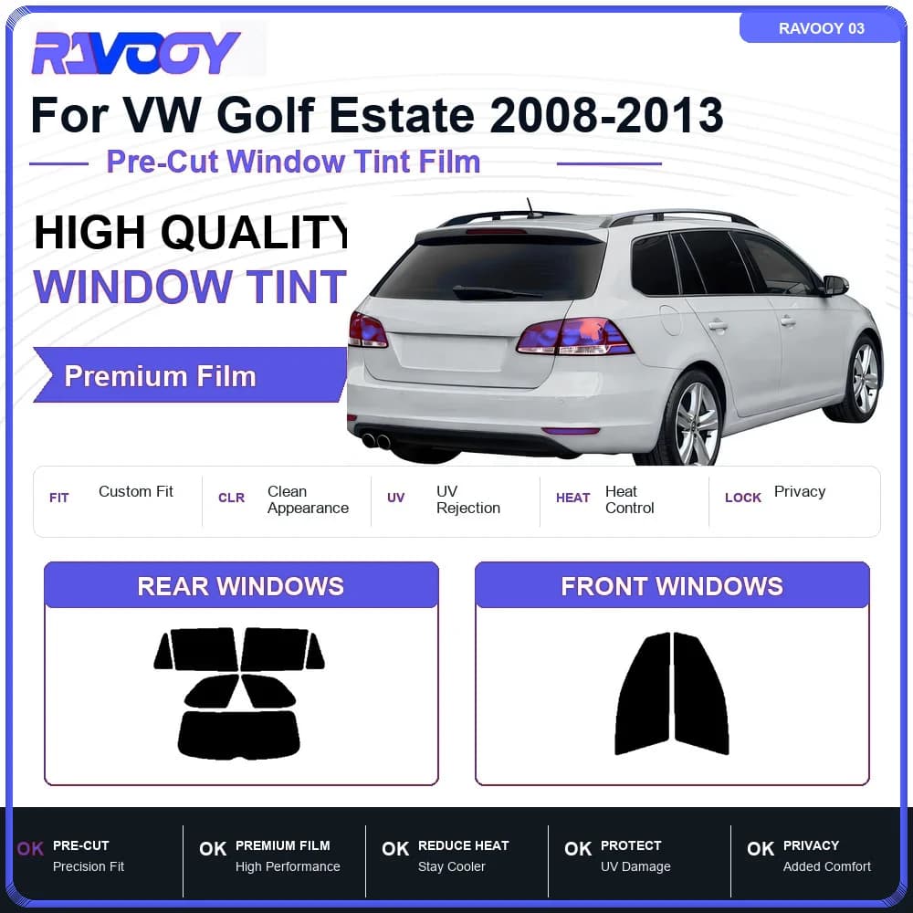RAVOOY Precut Window Tint, Reusable Removable EPU Film, Custom Fit for Vw Golf Wagon 2008-2014, UV Heat Protection