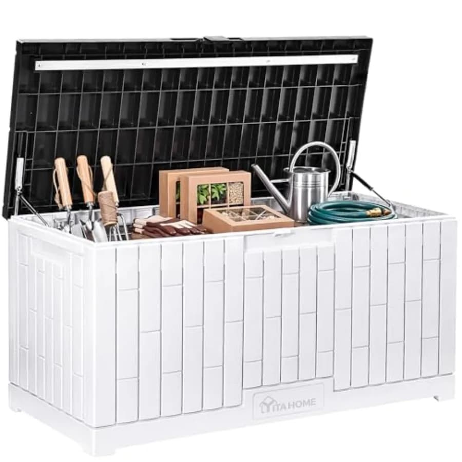 Contenitore da Esterno da 120 Galloni in Resina Bianco-Grigio Impermeabile, Grande Box Portaoggetti da Patio con Coperchio Scorrevole e Chiusura a Scatto, Panca per 2 Persone