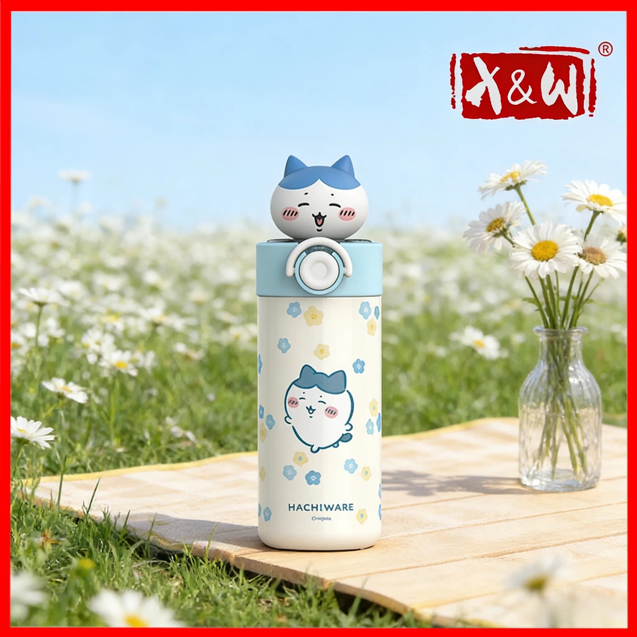X&W Thermos Pop-up Chiikawa 450ml in Acciaio Inox 316 con Cannuccia e Testa di Bambola Usagi, Bottiglia d'Acqua Portatile per Ufficio e Uso Esterno