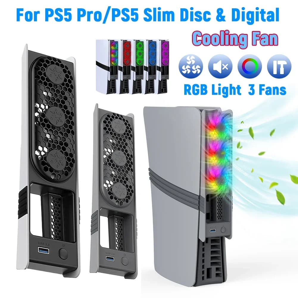For PS5 Pro/PS5 Slim Cooling Fan Cooling Game Accessories with USB Port & RGB Light for PS5 Pro/Slim Disc and Digital Edition