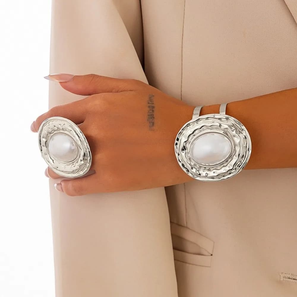 2pcs/set Exaggerated Bracelets Rings Set Geometric Irregular Jewelry Sets Gold Silver Color Elliptical Cuff Bangles
