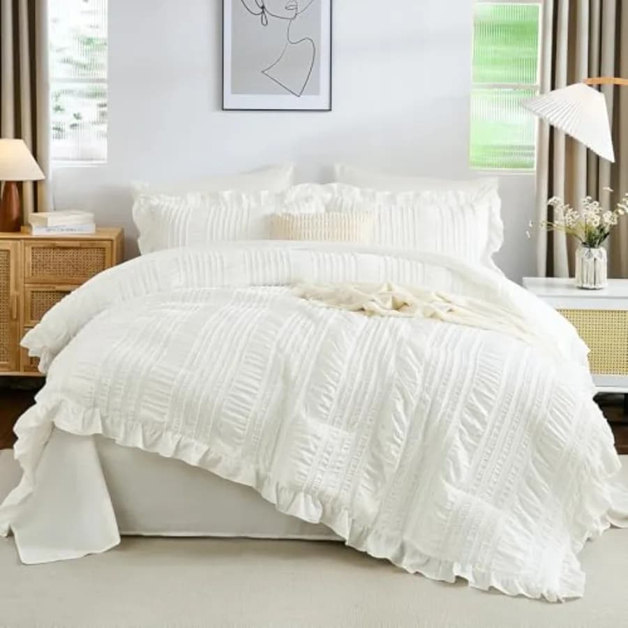 Set Copripiumino, 7 Pezzi con Volant, Set Completo con Lenzuola, Tessuto Testurizzato per Letto 104"×90