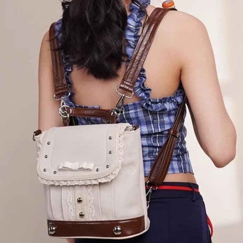 JIAERDI Dolce e carino pizzo Lolita Zaino da donna Beige Bow Rivet Borse a tracolla da donna Multiuso Elegante delicato Mochilas Mujer