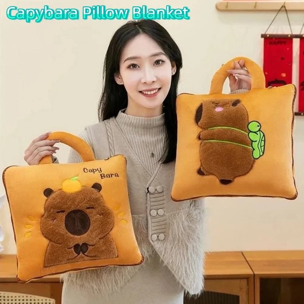 Coperta portatile 2 in 1 per cuscino capibara Coperta per cuscino per pisolino in cartone animato Coperta da viaggio morbida e accogliente Cuscino per schienale del divano