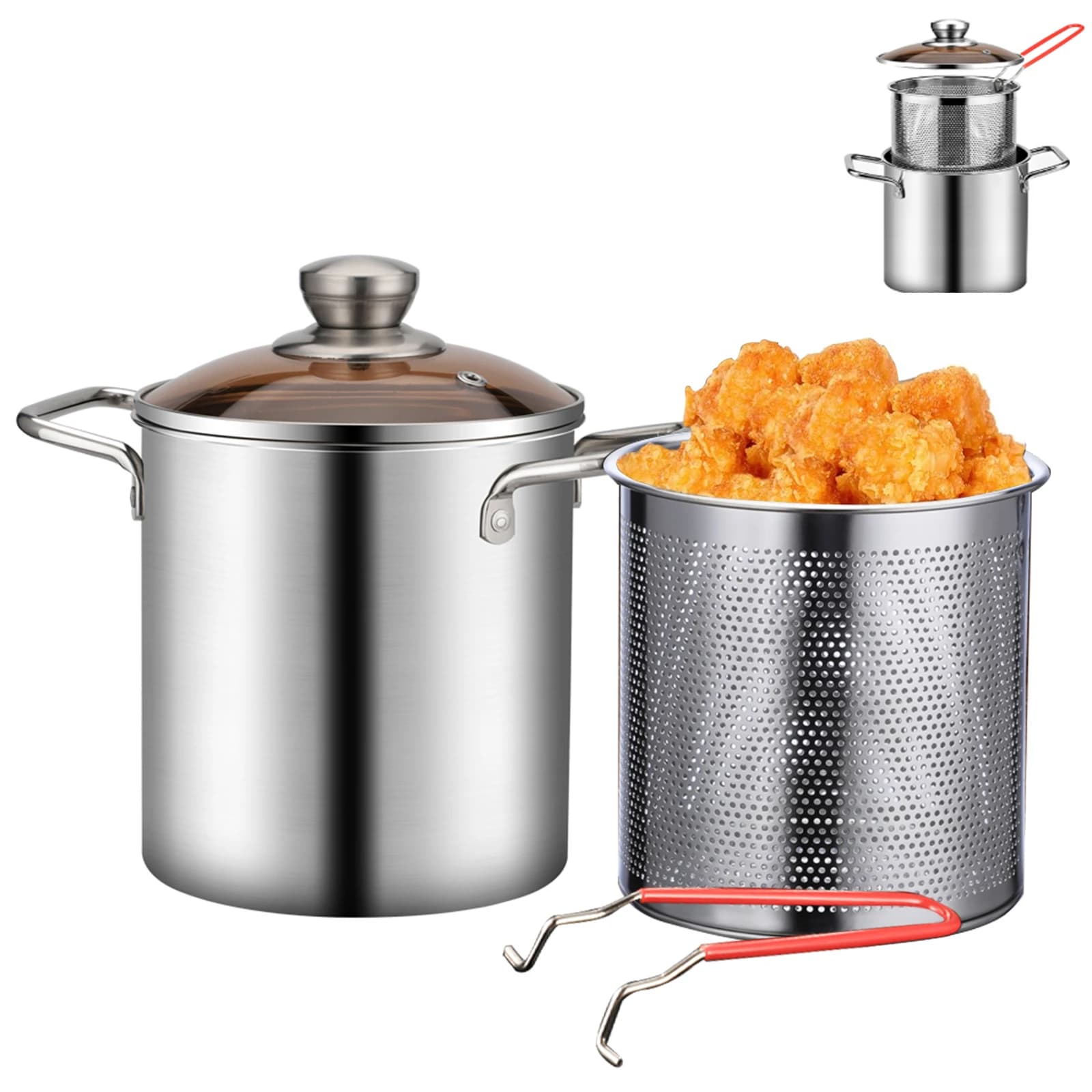 Pentola per friggere in acciaio inox padella per friggere con cestello e coperchio friggitrice per uso alimentare pollo fritto strumenti per cucinare pollo