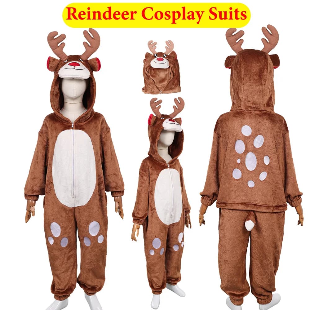 Kid Bambini Natale Renna Cosplay Pigiama Costume Animale Spettacolo teatrale Marrone Cervo Tuta Vestito Vestito da festa di Halloween